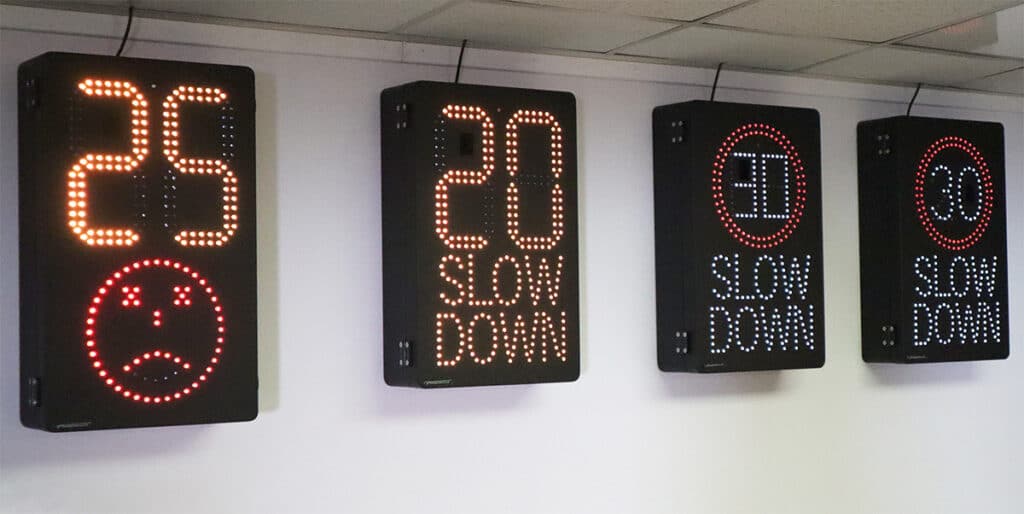 4 Vehicle Activated Speed Signs in our Demo Room. SAM, SID, SLR and the Urban VAS (Left to right)