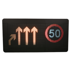 MS4r Motorway VMS sign showing 50mph roundel and a merge symbol