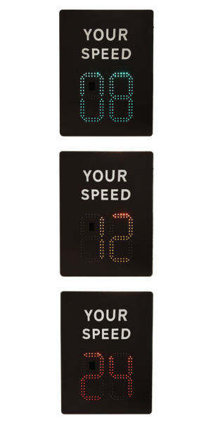 3 Your Speed VAS signs. Top - A sign showing "08" in green, the middle one showing "12" in amber and the bottom one showing "24" in red